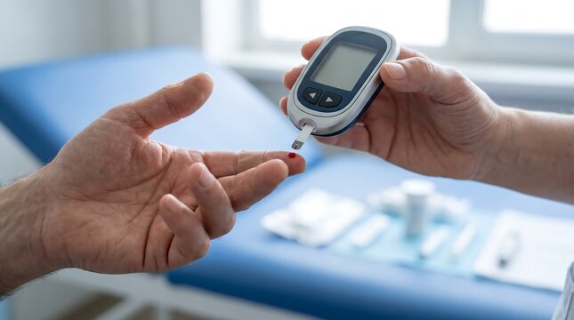 A healthcare professional is performing a blood glucose test on a patient's finger using a lancet and a glucometer in a medical setting.