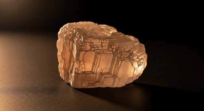 Macro shot of a rough, translucent pink halite crystal with cubic cleavage