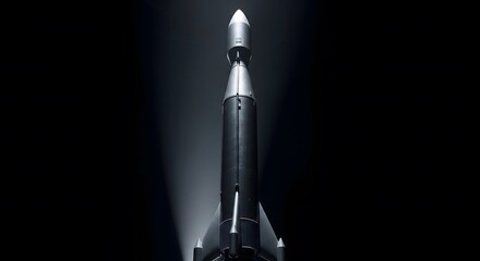 Naklejka premium Vertical dark rocket in studio. Space, science, technology, and future exploration concept with dramatic lighting.