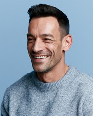Fototapeta premium Handsome smiling man laughing naturally in clean portrait lighting