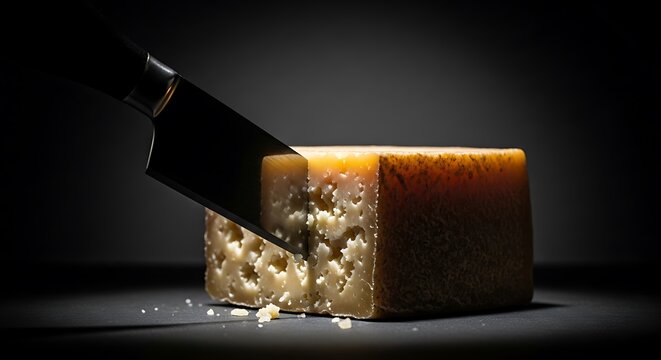 Sharp Knife Cutting Into a Block of Aged Cheese with Holes on Dark Background