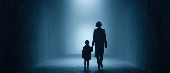 Fototapeta premium Woman holding child hand while walking through dark evacuation tunnel
