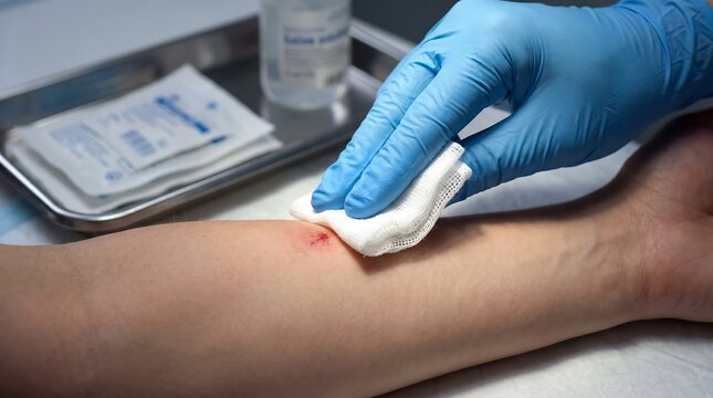 A gloved hand cleans a minor wound on a person's forearm with a white pad, surrounded by medical supplies.