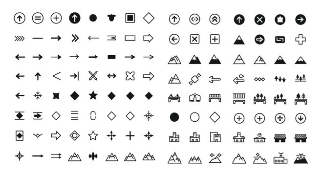 Collection of various black and white icons.