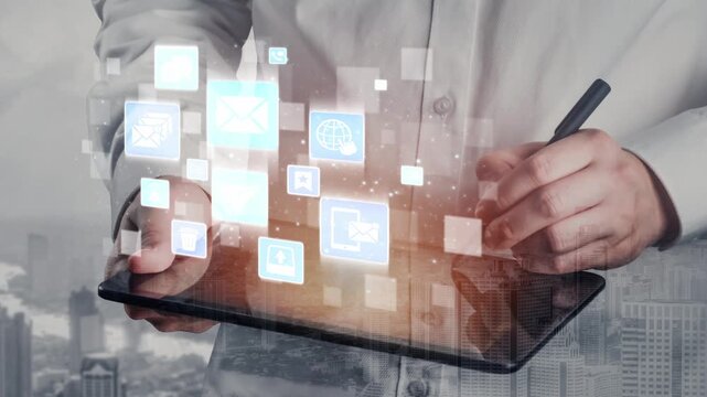 Email icons show digital communication, email service, and inbox management. Email supports online messaging, email notification, and secure exchange. Funnel