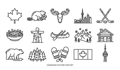 Fototapeta premium Canadian culture and heritage line art icon set, Canada travel symbols