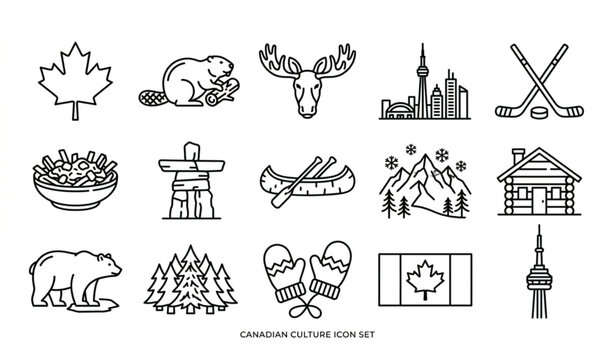 Canadian culture and heritage line art icon set, Canada travel symbols