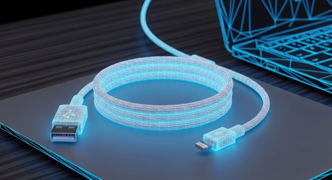 Light blue usb charging cable on a dark desk illustration
