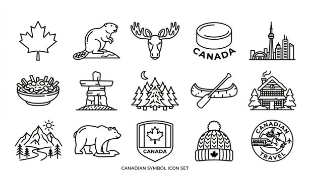 Canada Symbols and Culture Line Icon Set