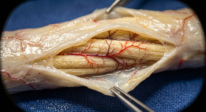 Extreme Close-Up of Dissected Human Peripheral Nerve Fascicles and Microvessels