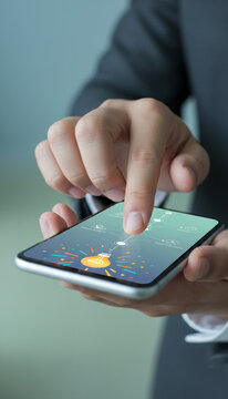 Close-up of a hand interacting with a smartphone displaying an idea generation flowchart with a lightbulb icon, representing innovation and business concepts, with free space available.
