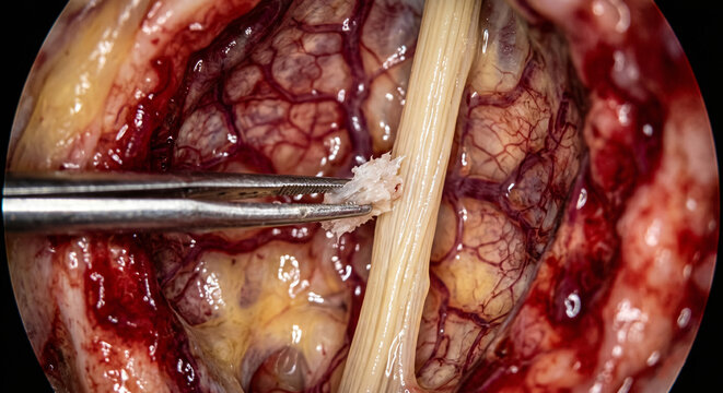 Macro Surgical View of Forceps Removing Tissue Fragment Near Spinal Nerve