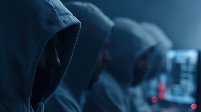 Anonymous hackers working in dark underground room during fictional cyber war, glowing monitors and tense atmosphere
