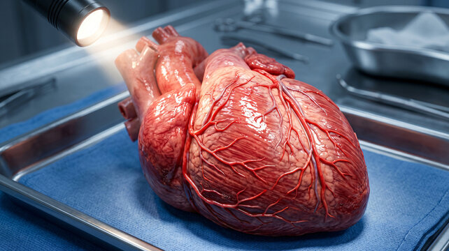 Fresh Human Heart Specimen on Surgical Tray Under Examination Light