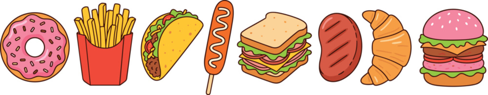 Fast Food and Bakery Vector Icon Set Featuring Hamburger French Fries Donut Taco and Sandwich Illustrations for Restaurant Menus and Stickers