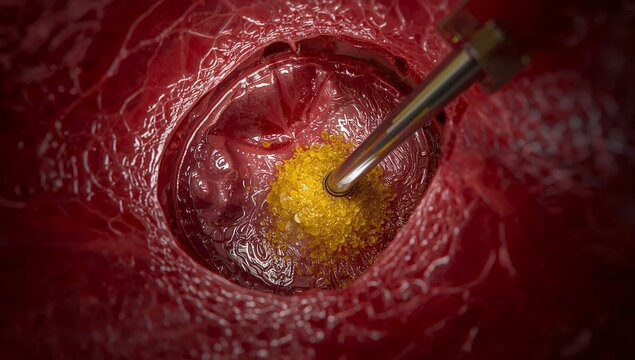 Macro Endoscopic View of Surgical Tool Fragmenting Yellow Calculus