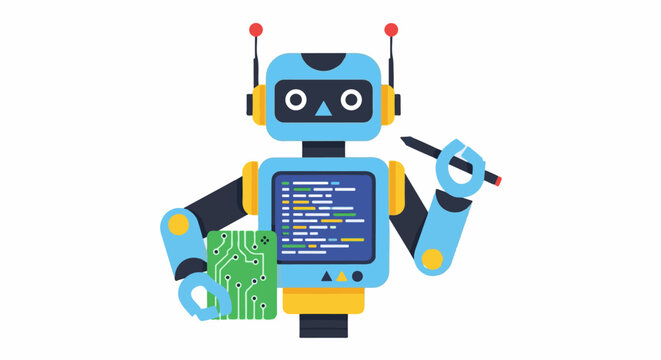 Cartoon robot holding circuit board and pen, displaying code on screen