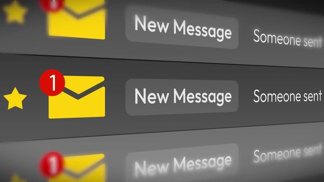 New Message email notification close up 4k animation appearing on the screen with black backdrop.