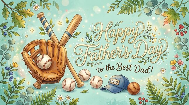 Father's Day card with baseball glove and bats on teal background
