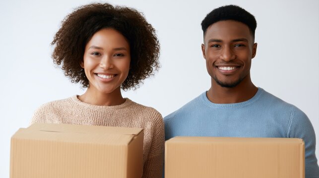 couple carrying moving boxes into new home smiling happily, fresh start concept