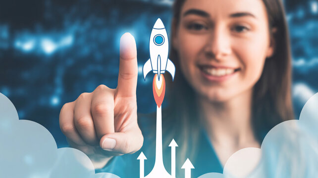 Businesswoman launching rocket, startup growth concept, innovation and success