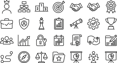 Fototapeta premium Business Strategy and Corporate Management Line Icon Set with Target Goal Growth Graph Team Leadership Trophy Chess King and Financial Planning Symbols
