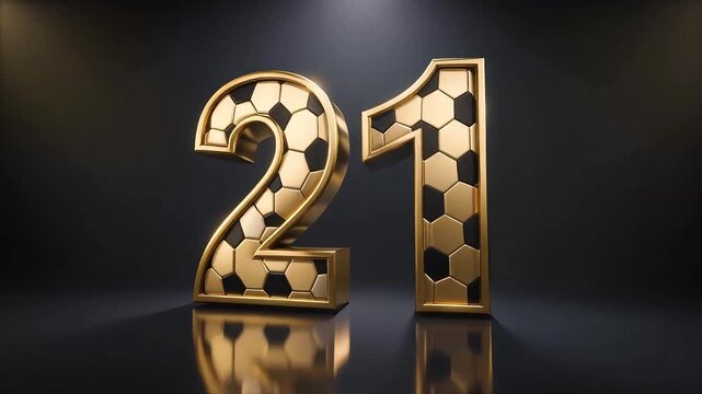 Luxury cinematic number 21 with golden metallic finish and embedded soccer ball textures animation