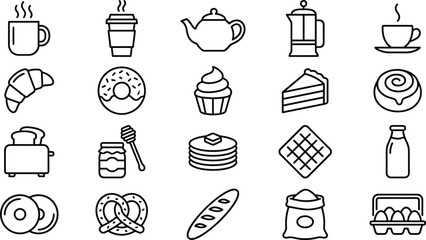 Coffee Shop and Sweet Bakery Breakfast Line Icon Set Featuring Coffee Mug Teapot Croissant Donut Cupcake Pancake Waffle Toaster and Honey Dipper Symbols © REYAD