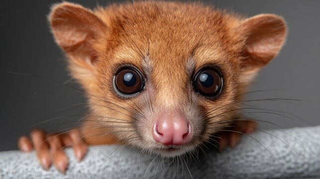 A curious baby animal with large eyes and a pink nose.