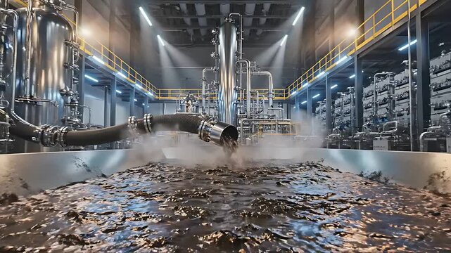 Large industrial pipe pouring dark liquid into a stainless steel processing tank. Modern factory interior featuring complex piping systems and automated machinery. Industrial waste management concept.