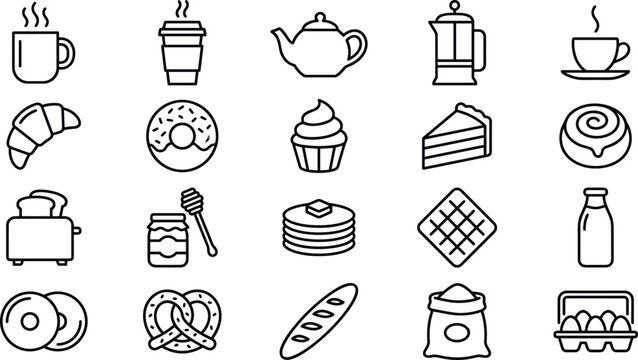 Coffee Shop and Sweet Bakery Breakfast Line Icon Set Featuring Coffee Mug Teapot Croissant Donut Cupcake Pancake Waffle Toaster and Honey Dipper Symbols