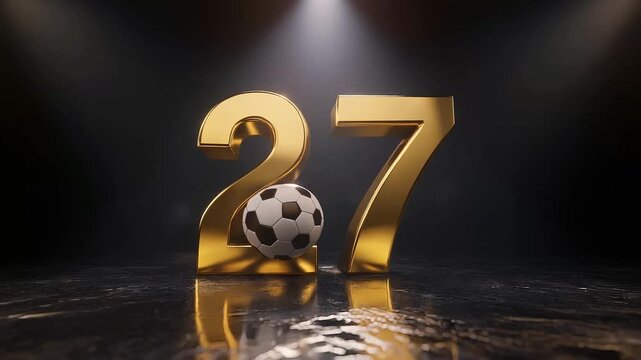 Luxury cinematic number 27 with golden metallic finish and embedded soccer ball textures animation