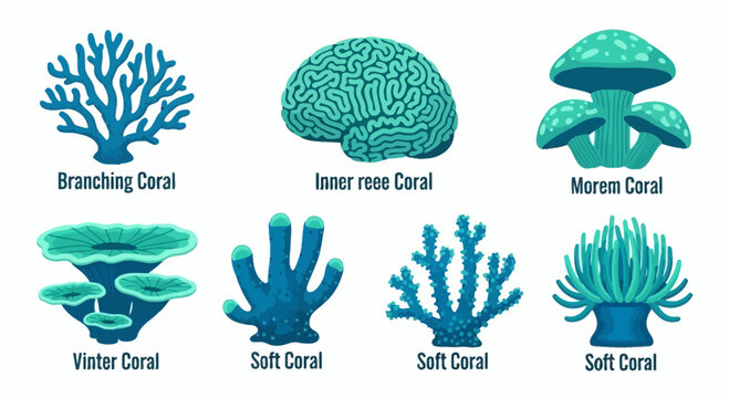Diverse Coral Types: Branching, Brain, Mushroom, Vinter, and Soft Corals Illustration