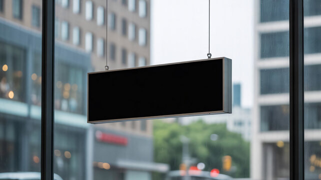 Blank black sign, hanging sign, empty signboard, urban storefront, city window display