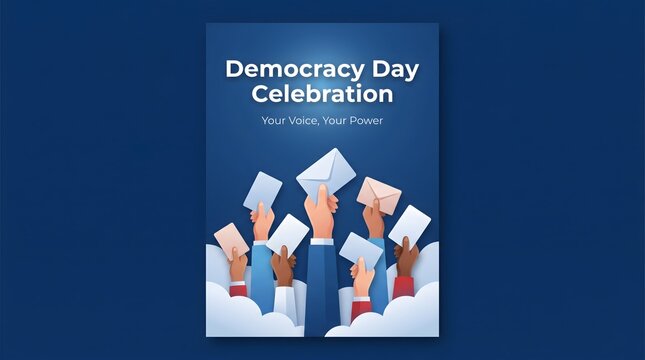 Democracy Day Celebration poster, diverse hands holding voting ballots, political election concept with blue background and clouds