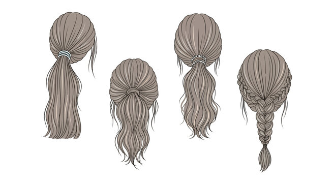 Collection of diverse hairstyles: ponytail, bow braid, messy bun, and fishtail braid from behind
