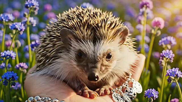 Cute hedgehog sitting in a hand among blooming blue flowers. Small pet explores a sunny garden field during golden hour. Animal nature connection concept, ideal for pet care and spring marketing.