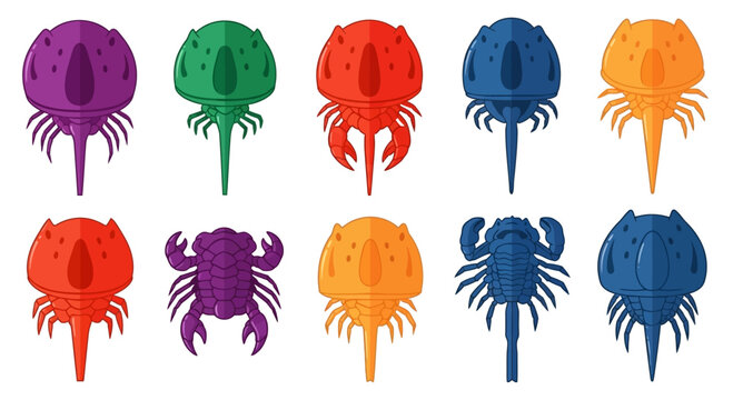 Collection of colorful horseshoe crabs and scorpions, vector illustration, isolated on white background