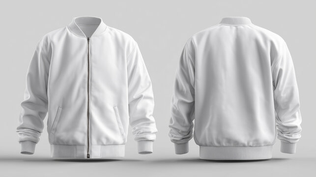 White bomber jacket mockup front and back view isolated on neutral background for fashion branding apparel design and clothing presentation