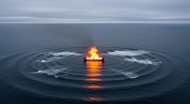 Viking ship burning in the ocean surrounded by circular waves. Cinematic seascape photography. Viking funeral and ancient ritual concept for design and print. Aerial view