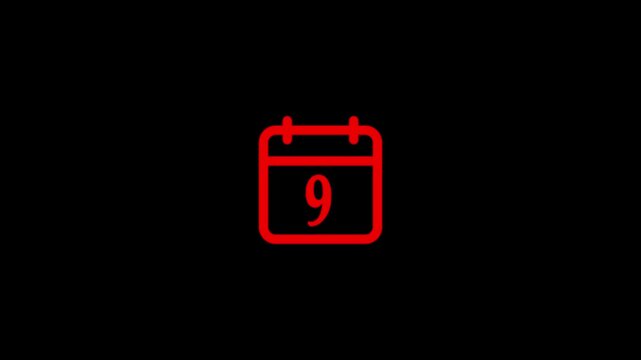 Red Modern calendar icon animation showing date number 9 on Clean and minimal design concept suitable for interface design, schedule reminder, date countdown, or digital clock display