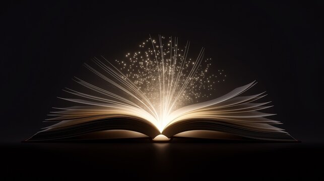 Glowing open book with radiant light beams bursting from its pages against a dark background