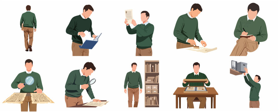 Set of Illustrations of a Professional Archivist or Historian Researching Old Documents, Manuscripts, and Books in a Library Archive Environment