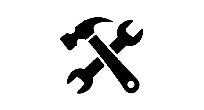 wrench, tools, hammer, crossed, repair, construction, maintenance, mechanic, handyman, workshop, engineering, hardware, icon, industrial, vector, illustration, isolated