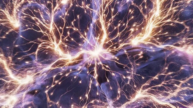 Glowing neural network branching across dark void, electric filaments radiating energy, surreal web of connections, cosmic neurons firing, abstract visualization of intelligence, power, and infinite f