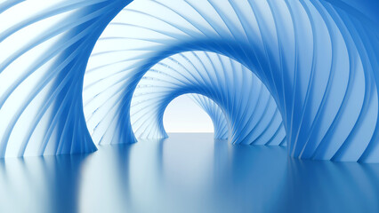 Naklejka premium Abstract blue futuristic architectural corridor background. 3D render of minimalist spiral tunnel with curved walls, bright light, and reflective glossy floor for corporate design