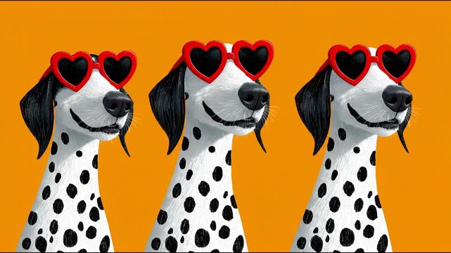 Three cartoon dalmatian dogs wearing heart-shaped sunglasses against a bright orange background, showcasing a playful and cheerful expression in a continuous sequence