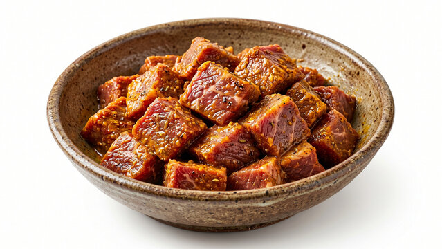 Marinated beef cubes in a rustic bowl isolated on white background