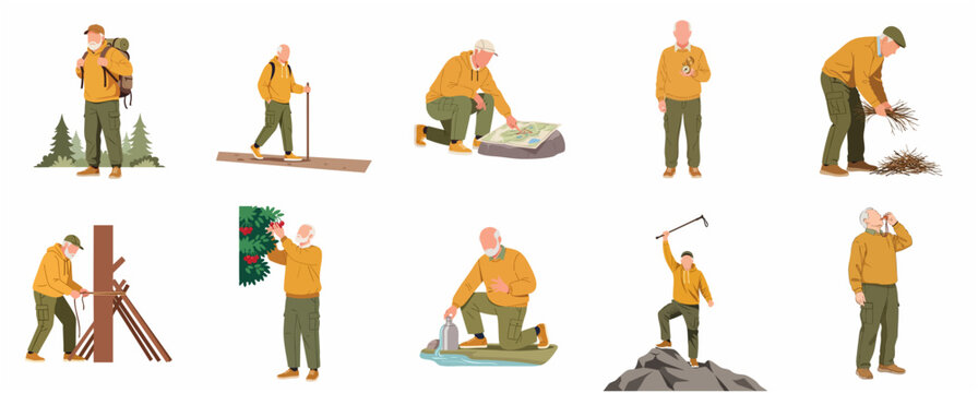 Active senior man character set for hiking and outdoor survival activities vector illustration