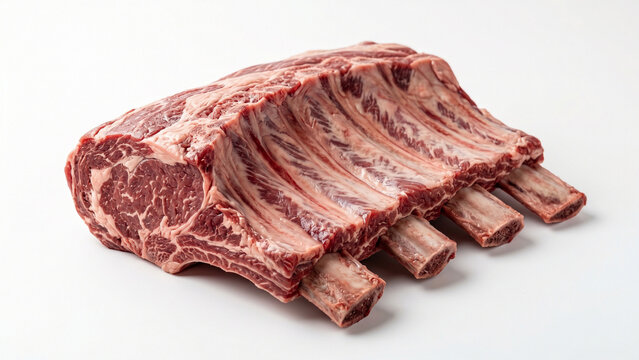 Raw bone-in beef rib roast isolated on white background